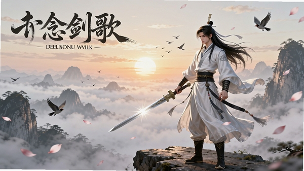 一念剑歌游戏主界面预览图,一位白衣剑客手持长剑,站立于云雾缭绕的仙山之巅,身后是壮丽的落日余晖,画面采用水墨国风渲染,色彩淡雅,人物细节精致,背景有飞鸟与飘落的花瓣,整体氛围空灵唯美,突出仙侠意境