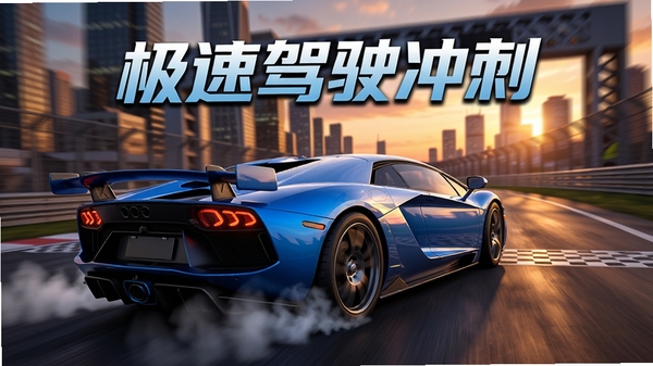 极速驾驶冲刺游戏主界面,一辆蓝色超级跑车在黄昏城市赛道起点蓄势待发,背景是高楼大厦与夕阳余晖,车身反射着金属光泽,轮胎冒起轻烟,画面具有速度感与电影质感,写实3D渲染风格,突出游戏名称“极速驾驶冲刺”