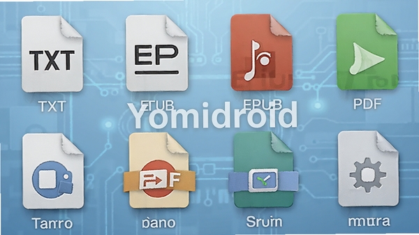 Yomidroid���ʽ֧��ͼ��չʾ����Ļ��������TXT��EPUB��PDF�ȸ�ʽͼ�꣬ÿ��ͼ���·��ж�Ӧ�ļ���������Ϊ����ɫ�Ƽ��з��ͼ���������ʸУ��м���Yomidroid����ˮӡ