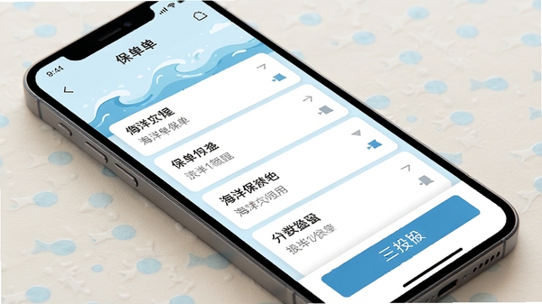 海洋保险app主界面截图,手机屏幕显示保单列表和投保入口,背景为浅蓝色海洋波浪元素,界面清爽简洁,现代扁平化设计风格,高清渲染图