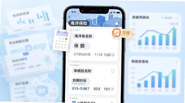 海洋保险智能保单管家功能预览图,展示多个保单卡片,包含保险名称、保额、到期时间,界面带有日历提醒标记,背景柔和,数据可视化图表,专业保险APP界面设计