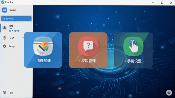 Emoke�����������ͼ��չʾ������Ǳ��̷�񣬱���Ϊ����ɫ�Ƽ��н��䣬ǰ��������ʾ�������Ĺ���ģ��ͼ�꣬���������١�Ȩ�޹������������ã�ͼ����ñ�ƽ����ƣ�����ɫ��������ϸ�ڷḻ���������Ϊ16:9