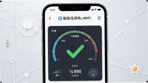 快马WiFi智能网络体检功能页面截图,手机屏幕显示信号强度、下载速度等数据仪表盘,背景为浅灰色科技网格,配以绿色健康对勾图标,整体风格专业清爽,适配Boogu模型生成