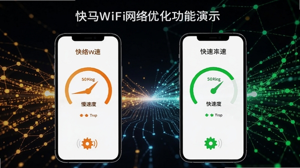 快马WiFi网络优化功能演示,画面展示手机网络速度提升的对比效果,左侧为慢速橙色,右侧为快速绿色,背景为动态网络数据流,科技感强,适配Boogu模型生成