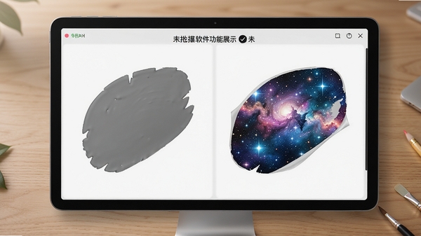 Scratches软件功能展示图,屏幕上并排显示两幅作品,左边是未刮开前的灰色涂层,右边是刮开后显现的彩色星空图案,背景为木纹桌面,光线柔和,突出刮擦前后的对比效果,画面干净整洁,重点体现软件的易用性和趣味性