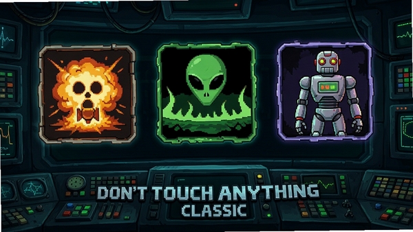 Please Don't Touch Anything Classic ��Ϸ���չʾ���棬��Ļ�ϳ��ֶ����ͬ�Ľ��ͼ�꣬��˵���ը�����������֡������˾��ѵȣ�ÿ��ͼ�궼������죬��������Ϸ�еĿ���̨���������������ƻøУ��߷ֱ��ʣ�ϸ�ڷḻ