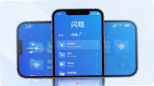 闪现软件主界面预览图,手机屏幕展示简洁的文件传输列表,背景为渐变蓝色科技感风格,图标带有光线流动效果,整体画面清晰明亮,突出软件名称“闪现”和传输速度感
