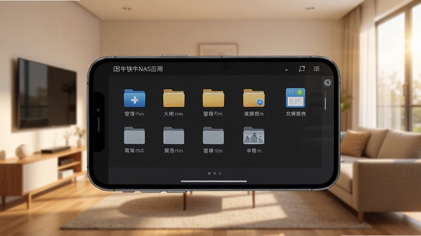 铁牛NAS应用主界面截图,手机屏幕中显示文件分类管理图标,背景为现代简约风格的客厅,暖色调,光线充足,画面清晰,突出软件界面细节,整体氛围科技感与生活感融合
