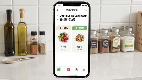 Uncle Lee's Cookbook ʳ���滻���ܽ��棬�ֻ���Ļչʾ���ֿ�ѡʳ�ĶԱȣ�����Ϊ�ɾ��ĳ���̨�棬�ڷ���ƿƿ�޹޵ĵ��ϣ�������������ͻ��Ӧ�õ�ʵ��������