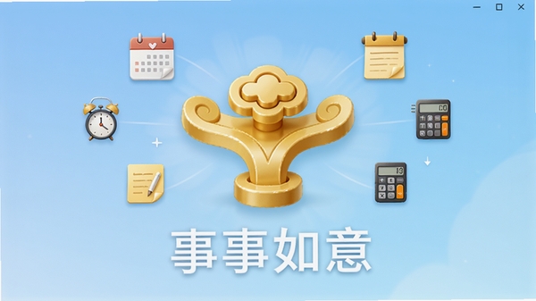 事事如意软件主界面预览,背景为淡蓝色渐变,中心位置显示一个立体感的金色如意图标,图标周围环绕着日历、闹钟、便签、计算器等小图标,下方有“事事如意”四个字,整体风格简洁明亮,现代感十足,适用于软件下载站横幅图