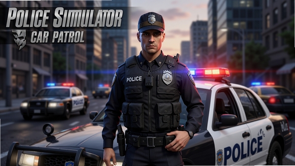 Police Simulator : Car Patrol 游戏主视觉图,一名身穿警服的主角站在警车前,背景是黄昏下的现代城市街道,警灯闪烁,画面充满动感与使命感,风格写实,光线柔和,细节丰富