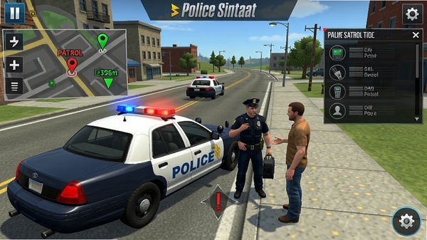 Police Simulator : Car Patrol 游戏内任务界面截图,显示地图上的任务标记和无线电调度窗口,警车停在路边,警察正在与市民交谈,画面清晰,UI布局合理,色彩鲜明
