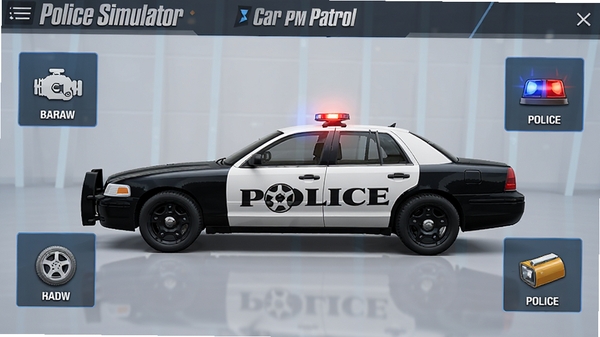 Police Simulator : Car Patrol 车辆改装界面,展示警车的侧视图,周围有升级选项图标,如引擎、轮胎、警灯等,界面现代,色彩搭配和谐,细节精致