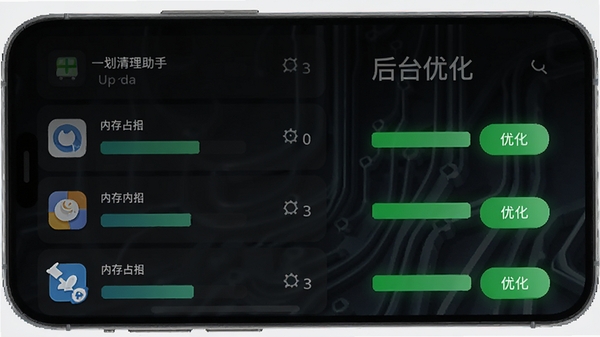 一划清理助手后台优化功能界面,手机屏幕显示正在运行的应用列表,每个应用旁有内存占用条,点击优化按钮后内存条变绿,背景为深色科技风,突出性能提升效果