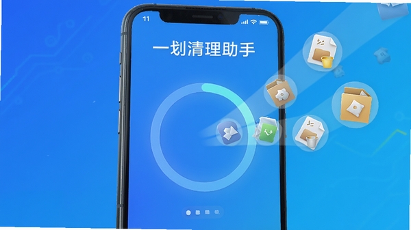 一划清理助手主界面展示,手机屏幕显示清理进度环,背景为渐变色科技蓝,周围有悬浮的垃圾文件图标被吸入清理环中,画面干净明亮,突出软件名称“一划清理助手”