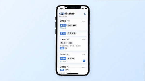 沙溪+资讯聚合页面预览图,展示多条通知卡片整齐排列,每张卡片上有时间戳和分类标签,界面以白色为底搭配蓝色点缀,手机屏幕居中展示,背景为淡蓝色渐变,整体风格干净利落,适配Boogu图像生成模型