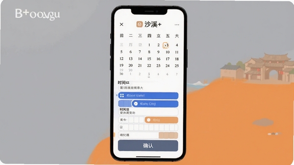 沙溪+预约功能界面示意图,画面展示日历选择器与时间槽位,有蓝色选中状态,手机界面下方有确认按钮,背景是柔和的灰色与橙色搭配,突出简洁易用的视觉风格,同时显示沙溪+应用名称,适合Boogu模型生成