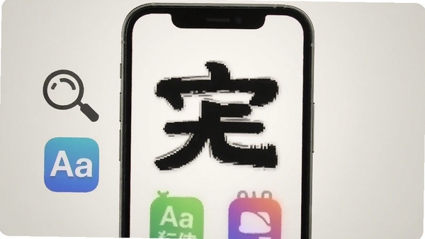 免费加大字体手机主界面预览图,画面中心是一部智能手机,屏幕显示超大号的粗体汉字和醒目的彩色大图标,背景为温馨的浅灰色渐变,左侧有放大镜图标和字体Aa符号,整体风格简洁明亮,适合中老年用户视觉习惯。