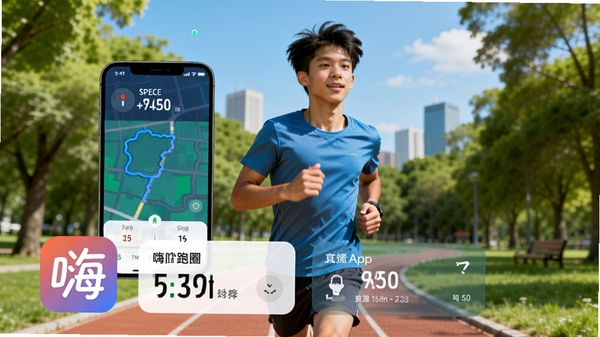 嗨跑圈App主界面预览图,画面中央显示一位年轻跑者正在城市公园跑道奔跑,手机界面悬浮展示实时配速与轨迹地图,背景为绿色树木与蓝色天空,整体色调明亮充满活力,前景突出嗨跑圈品牌标识与数据卡片,构图清晰适合软件介绍场景