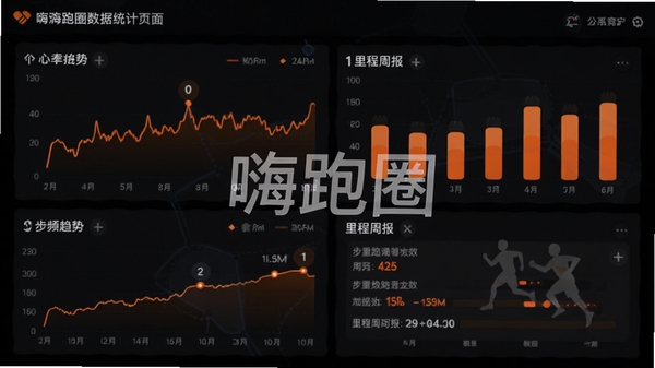 嗨跑圈数据统计页面截图风格图片,展示折线图与柱状图,包含心率曲线、步频趋势、里程周报等元素,深色背景配以橙色高亮数据,突出专业感与科技感,中央有嗨跑圈字样水印,适合功能说明配图
