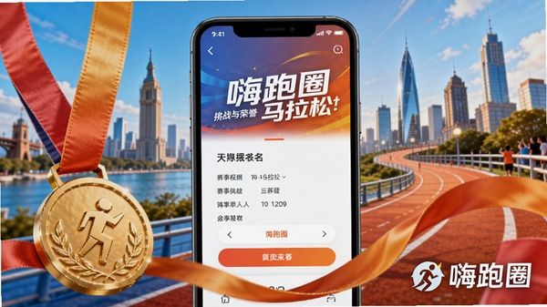嗨跑圈线上马拉松赛事宣传图,画面展示手机屏幕上的赛事报名页面,背景为城市地标跑道,前景有金色奖牌与飘带元素,色彩鲜艳激励人心,突出挑战与荣誉氛围,右下角带嗨跑圈Logo