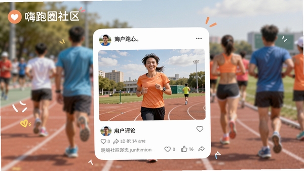 嗨跑圈跑友社区动态界面模拟图,展示用户发布的跑步照片与点赞评论互动区域,背景为模糊的跑道和人群,风格轻松活泼,采用卡片式布局,画面中有嗨跑圈社区字样标识,营造友好交流氛围