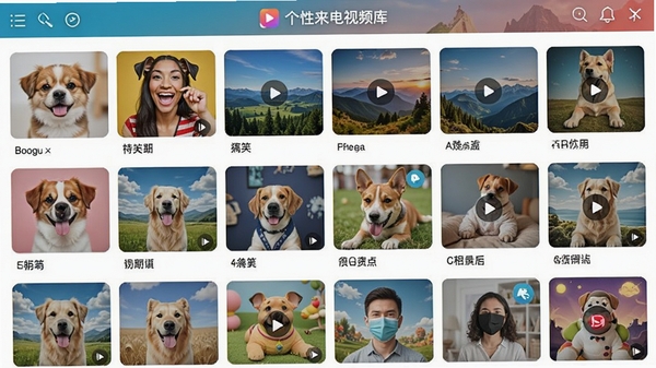 个性来电视频海量视频素材库界面截图,屏幕上展示多个分类的视频缩略图,包括萌宠、搞笑、风景等,画面布局整齐,色彩鲜艳,突出软件名称个性来电视频,界面清晰,细节丰富,Boogu模型生成