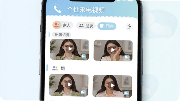 个性来电视频智能分组管理功能示意图,手机屏幕显示分组列表,包含家人、朋友、同事等标签,每个分组对应不同的视频缩略图,界面简洁,操作图标明显,突出软件名称个性来电视频,色彩柔和,细节清晰,Boogu模型生成