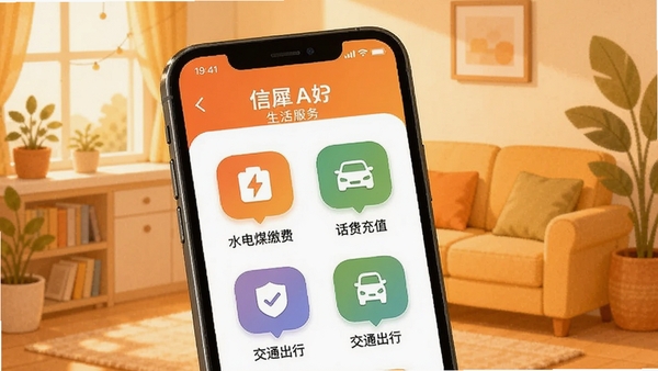 智能手机屏幕显示信犀APP的生活服务页面,包含水电煤缴费、话费充值、交通出行等彩色图标,背景使用暖色调插画,营造便捷温馨的生活场景