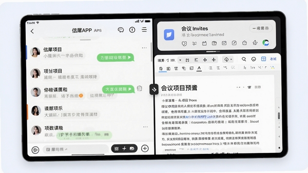 展示信犀APP的聊天界面与文档预览分屏视图,左侧是对话列表,右侧是正在编辑的项目文档,上方有会议邀请卡片,整体界面风格清爽简约,突出办公协作的流畅体验