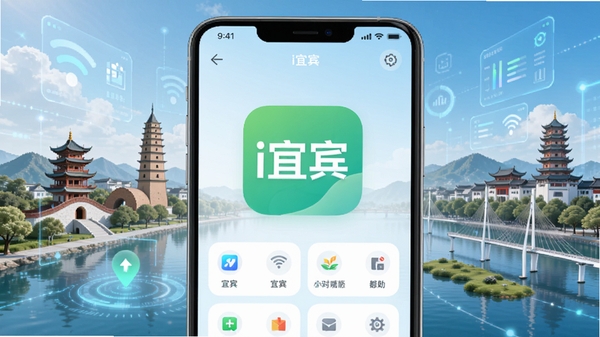 现代智慧城市手机应用界面,主屏幕展示“i宜宾”App图标,背景融合宜宾地标建筑与数字化元素,整体色调清新明亮,突出城市服务与移动互联网结合,垂直构图,风格写实细腻