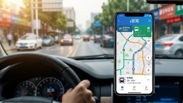 智能手机展示“i宜宾”交通出行页面,带有实时路况地图与公交到站信息,背景为模糊的宜宾街道实景,驾驶员视角,侧光营造科技氛围,色彩鲜明清晰