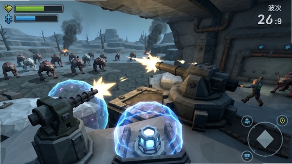 Bunker Defense��Ϸ��ͼ��չʾĩ�յر��ڲ�����Ҳٿ�����̨���������ǰ���ǻ�ǹ�����������ܷ������������ǻ��ߵĵر���ƽ��ı�����Ⱥ���Ͷ���η�񣬶�̬��Ӱ��ϸ�ڷḻ������ɫ��ƫ�䣬ͻ�����������̵��ʸУ���ϷUI����������������Դ���벨����ʾ���������Ϊ16:9���ʺ�Ӧ���̵�չʾ��