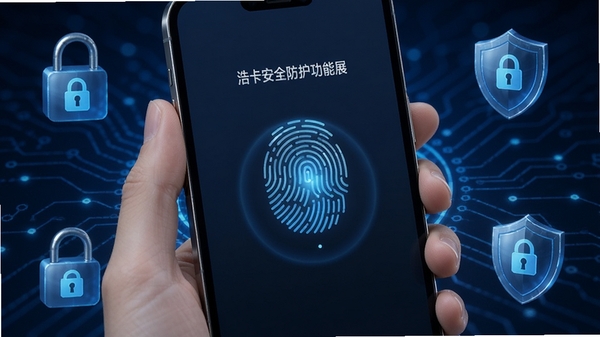 浩卡安全防护功能展示,手机屏幕显示指纹解锁界面,背景为深蓝色科技感氛围,周围环绕加密锁与盾牌图标,突出数据安全特性,画面主体为指纹解锁动画,色调偏冷,强调防护感,适配Boogu模型生成。