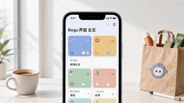 浩卡软件界面全览,背景为现代简约风格,前景展示手机中的卡包管理主界面,分类清晰,色彩柔和,突出便捷生活场景,画面主体为手机屏幕特写,周围点缀咖啡杯、超市购物袋等生活元素,整体明亮通透,适配Boogu模型生成。