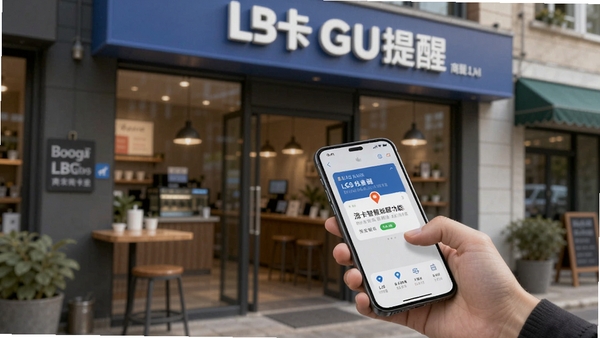 浩卡智能提醒功能场景,手机屏幕弹出商家优惠卡提醒,背景为实体店铺门口,用户手持手机查看通知,画面生动体现LBS定位与提醒服务,主体为手机界面与店铺门头,色彩自然,适配Boogu模型生成。