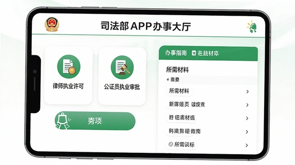 司法部APP办事大厅界面,展示“律师执业许可”、“公证员执业审批”等图标,点击某个事项后显示办事指南、所需材料列表,页面以清爽的白色和绿色为主色调,强调线上办理的便捷性