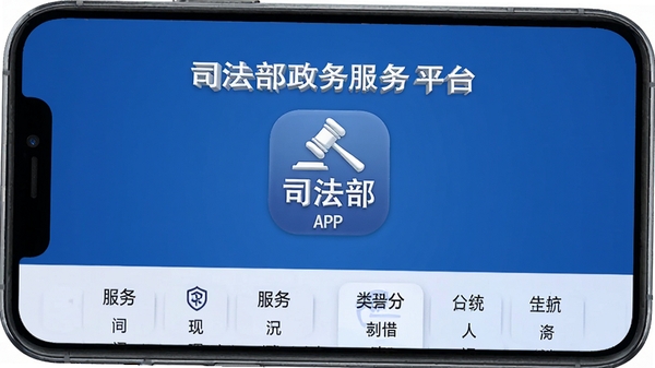 司法部政务服务平台主界面,蓝色背景,白色文字,屏幕中央显示“司法部”APP图标,画面底部有服务分类列表,整体风格简洁清晰,立体感强,适配手机竖屏展示