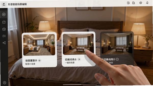 形意智能场景编辑界面,用户手指点击屏幕上的场景卡片,背景为卧室环境,灯光柔和,展示一键切换场景的效果