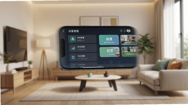 形意智能主界面展示,背景为现代简约客厅,手机屏幕显示设备列表和场景按钮,光线柔和,色彩清新,整体风格科技感与温馨感并存