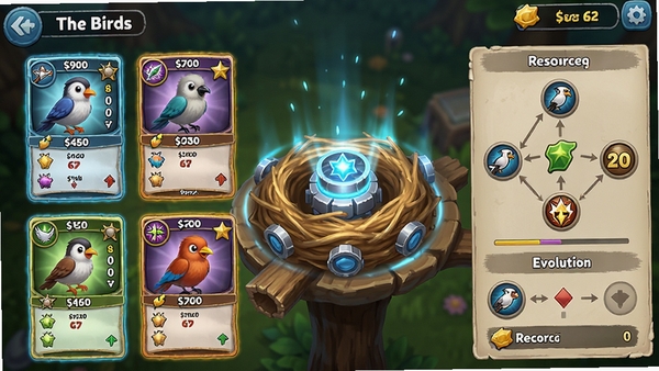 A close-up in-game screenshot style image for The Birds, showing a player interface where multiple different bird cards are displayed, each with unique stats and skill icons, a central bird nest is being upgraded with glowing effects, UI panels show evolution paths and resource costs, polished mobile game UI design, clear icons, vibrant colors