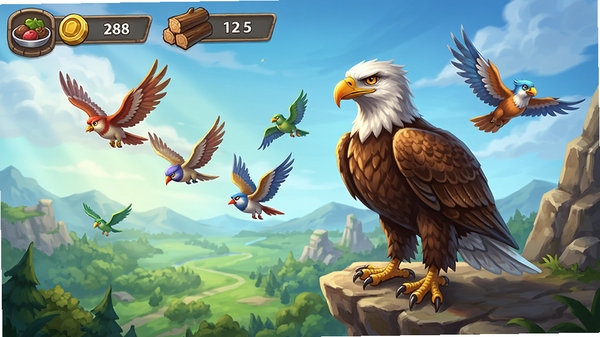 A vibrant and detailed game splash screen for The Birds app, featuring a majestic eagle leader standing on a rocky cliff overlooking a lush valley, with various colorful bird species flying in formation behind, the UI shows resource icons like food and wood at the top, a fantasy mobile game art style, bright lighting, high detail, wide composition