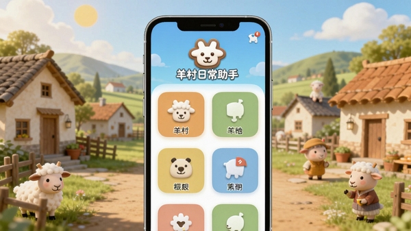 羊村日常助手主界面预览图,画面中央展示手机应用主屏幕,顶部显示羊村日常助手logo,下方排列清晰的功能图标模块,背景为温馨的乡村社区场景,整体色调明亮干净,采用Boogu模型生成
