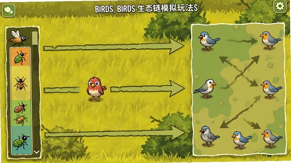 The Birds ��̬��ģ���淨��ͼ������������������������Ҳ�������ֲ�ͼ���м��ü�ͷʾ��ʳ������ϵ�������ǲݵ����ľ�ԣ�����ɫ��������䣬����չʾ��Ϸ�������