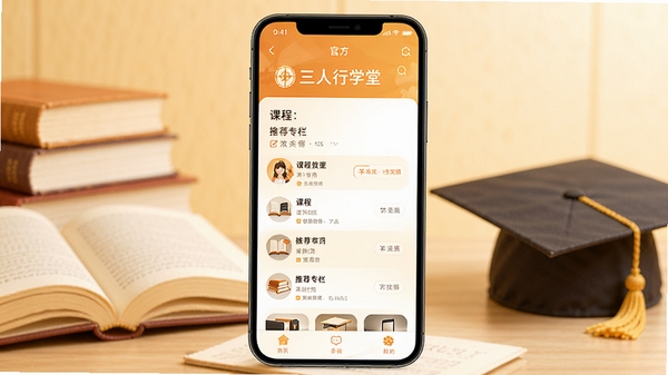 三人行学堂官方主界面预览图,展示课程列表与推荐专栏,画面以暖色调为主,手机屏幕居中,背景有书本和学士帽元素,整体风格明亮清晰,适合在线教育应用展示