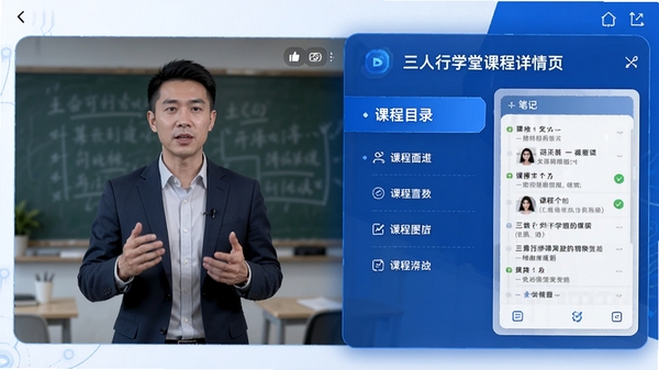 三人行学堂课程详情页截图风格展示,左侧为讲师讲解视频画面,右侧为课程目录与笔记区域,整体采用蓝白配色,科技感十足,突出移动端学习便利性