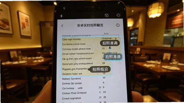 安卓实时翻译拍照翻译功能预览,手机屏幕对准一份英文菜单,画面中菜单文字被高亮框选并叠加中文翻译标签,背景为暖色餐厅环境,突出识别准确度