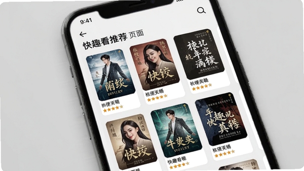 快趣看推荐页面效果图,展示个性化书籍卡片流,手机界面显示多本推荐小说封面及评分,背景为浅灰色,视觉舒适