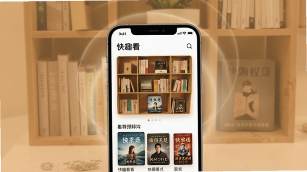 快趣看主界面预览图,展示书架布局与推荐书籍封面,暖色调背景,手机屏幕居中,周围有柔和光效,风格简约现代