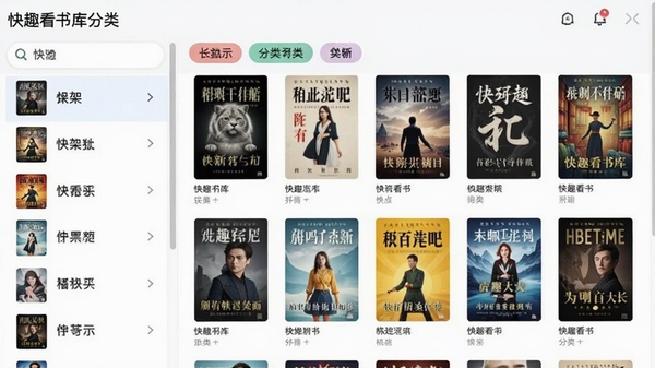 快趣看书库分类界面截图,展示书架列表与分类标签,多种书籍封面缩略图排列,界面清晰整洁,色彩丰富